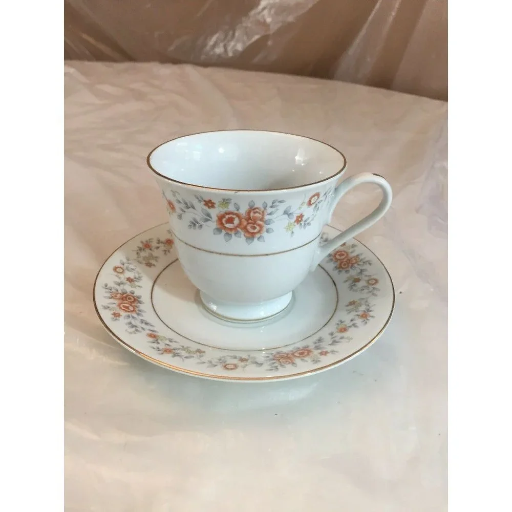 VTG FTDA 1987 Footed Tea Cup & Saucer White Silver Band Peach Floral Cottagecore